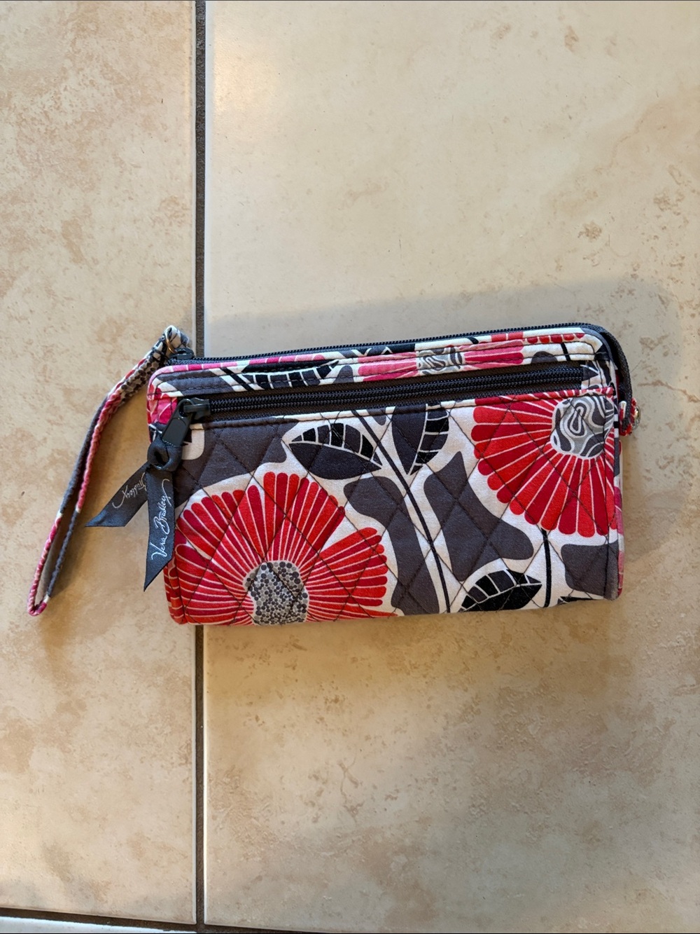 Vera Bradley Red, Black & White Floral Quilted Wristlet